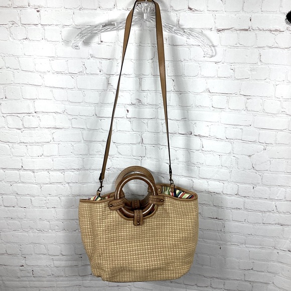 Fossil 1954 Classic Woven Purse Wooden Handles Detachable Straps Beige Brown - Picture 1 of 16